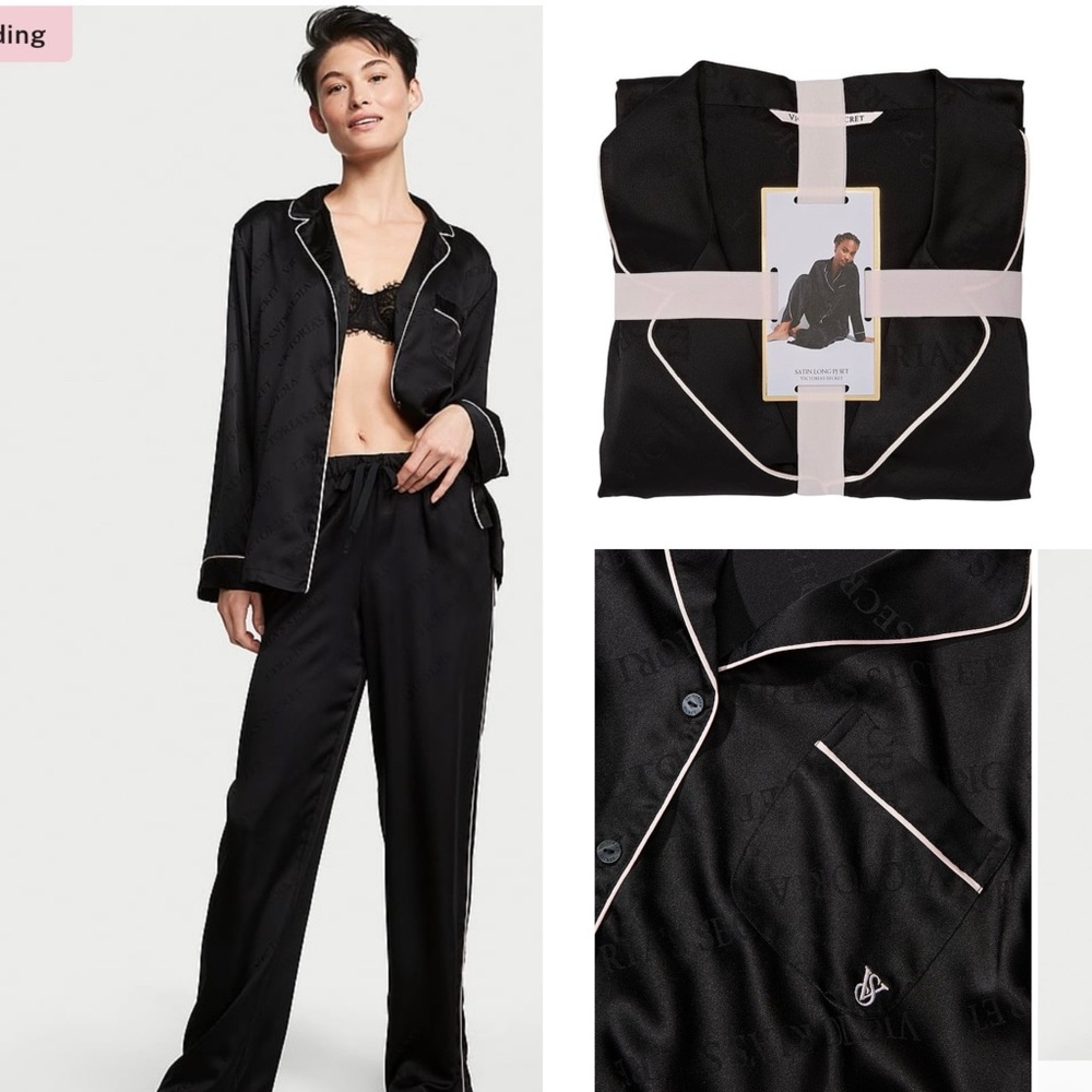 Victoria Secret iconic signature VS print black satin Long Pajama Set